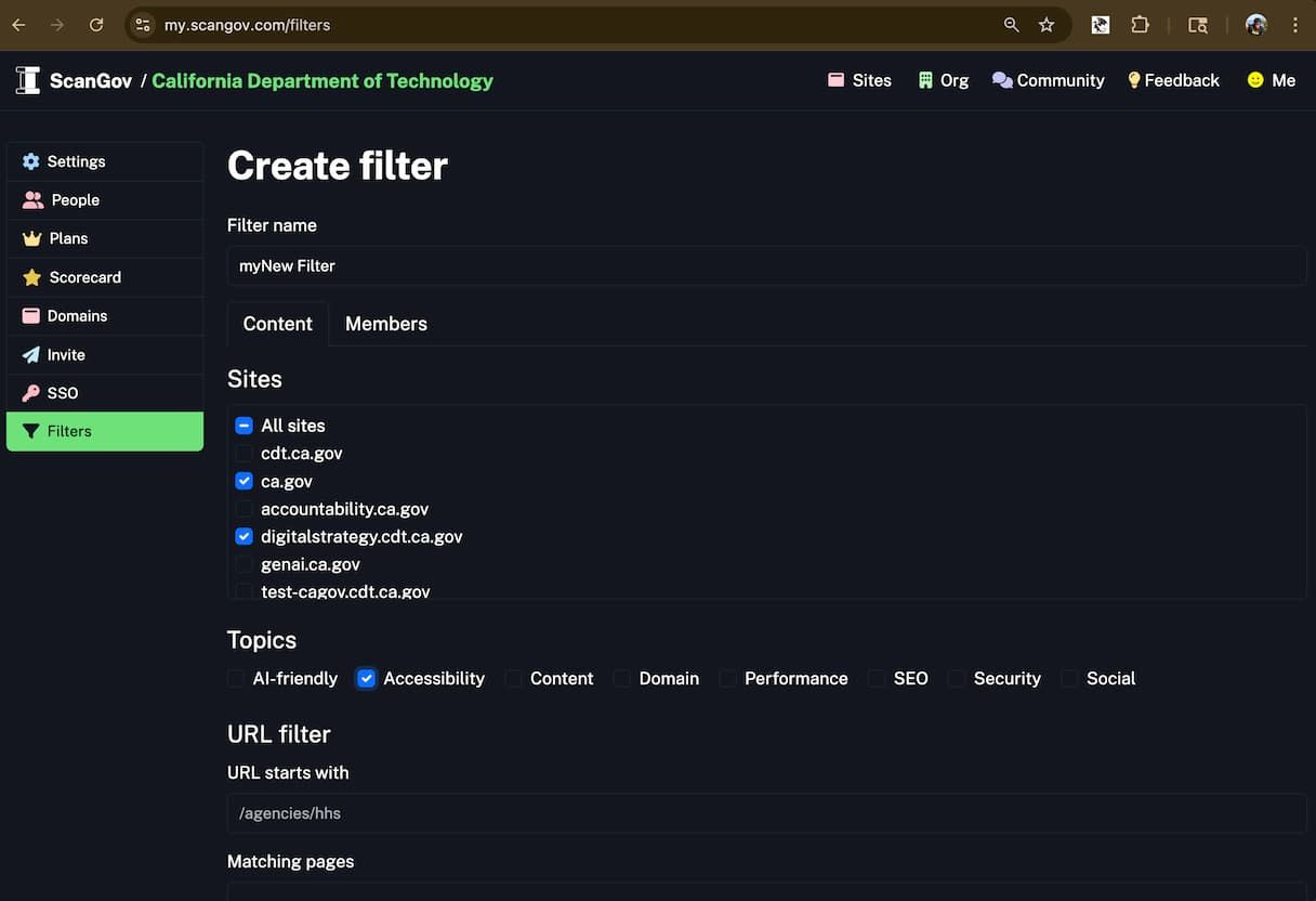 screenshot of filter content screen