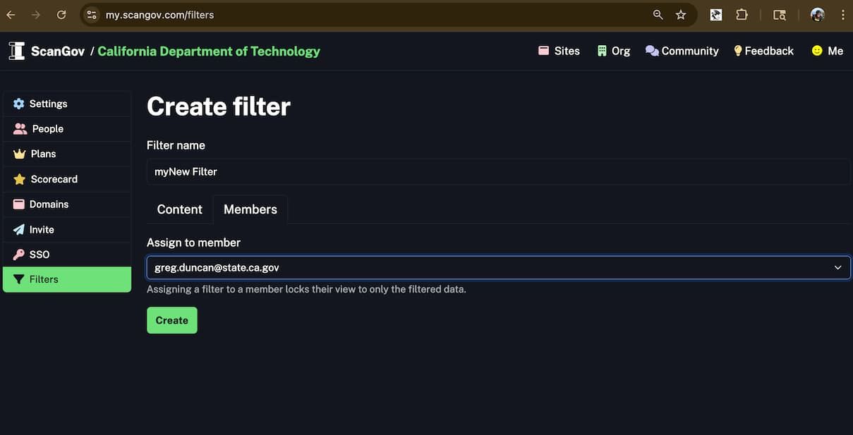 screenshot of filter member assignment