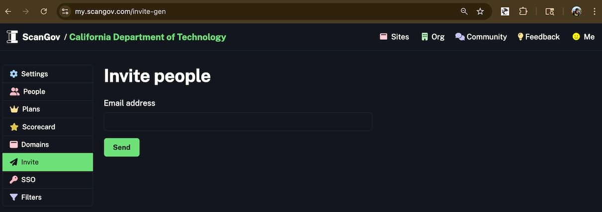 screenshot of invite form
